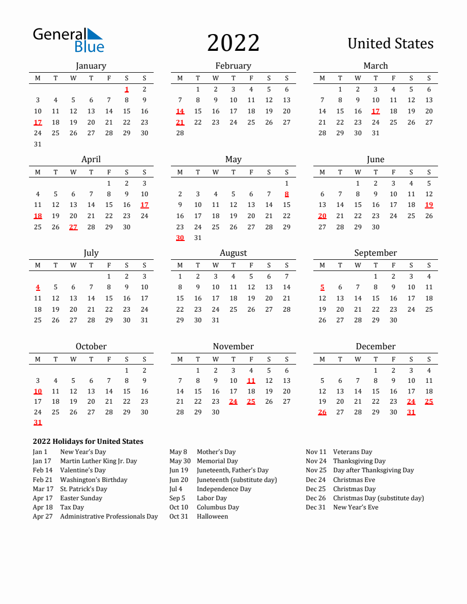 Free United States Holidays Calendar for Year 2022 - Monday Start