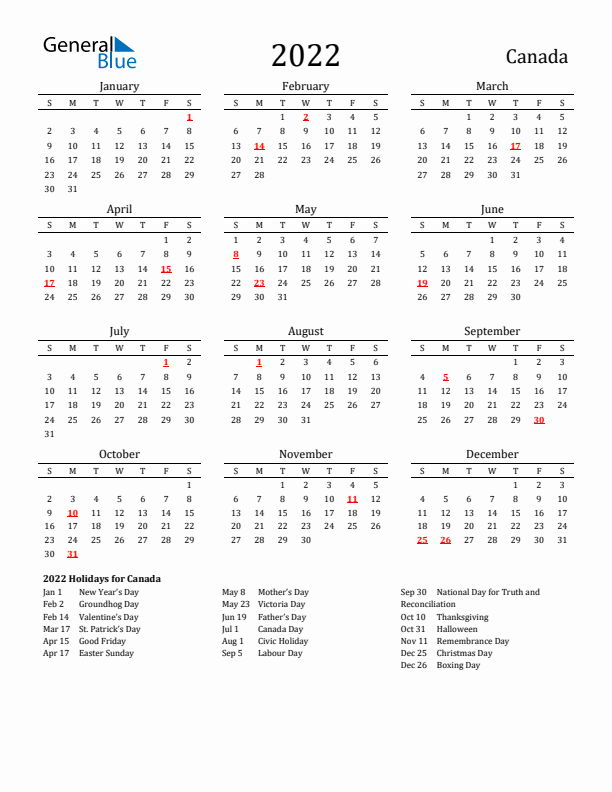 Canada Holidays Calendar for 2022