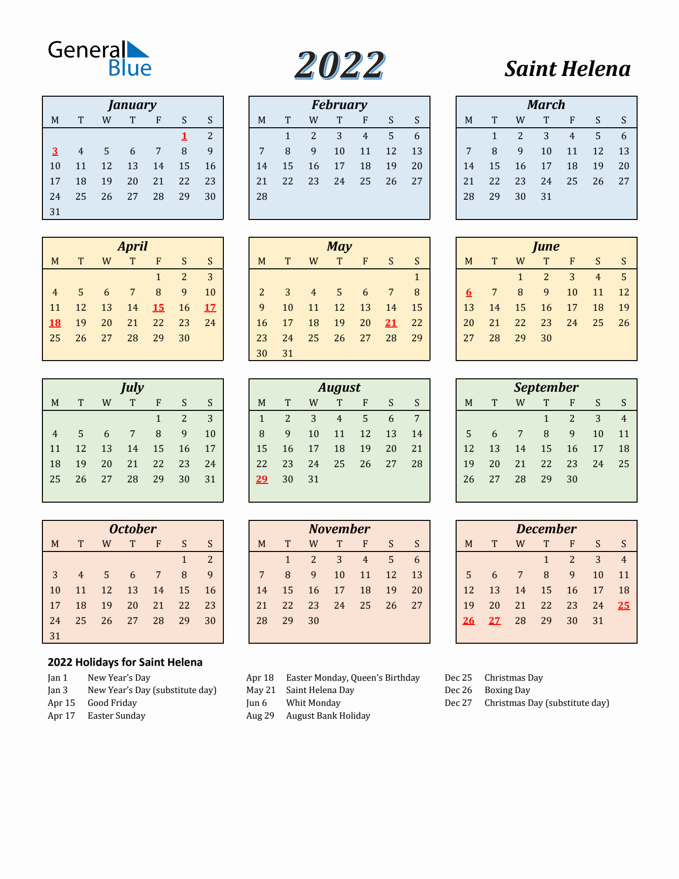Saint Helena Calendar 2022 with Monday Start