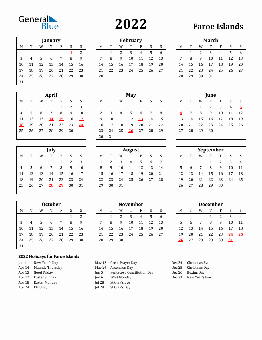 Free Printable 2022 Faroe Islands Holiday Calendar