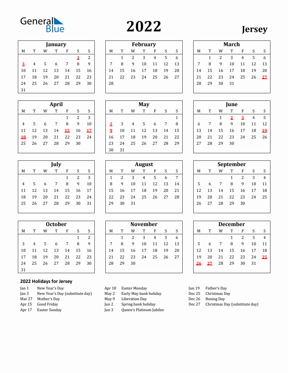 Free Printable 2022 Jersey Holiday Calendar - Monday Start