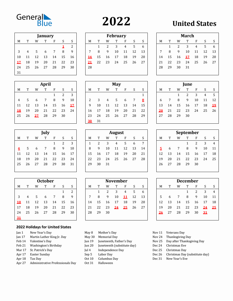 Free Printable 2022 United States Holiday Calendar - Monday Start