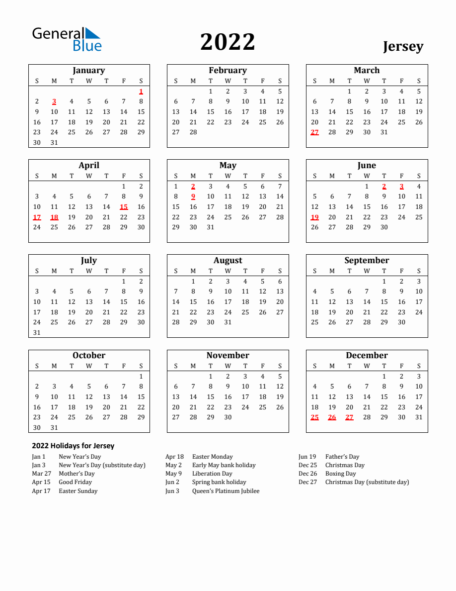 Free Printable 2022 Jersey Holiday Calendar