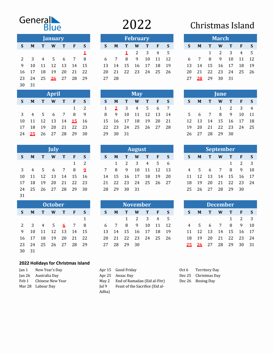 2022 Printable Calendar with Christmas Island Holidays