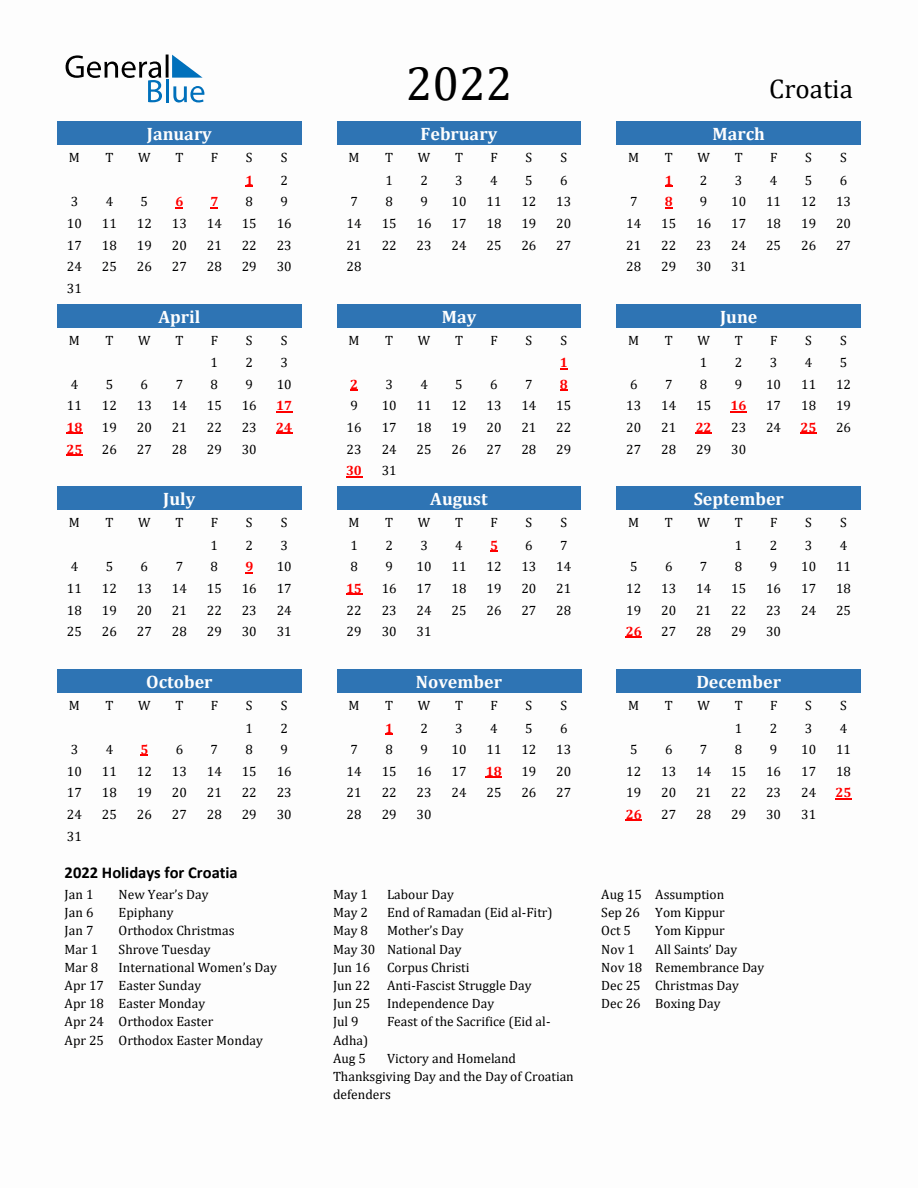 Croatia 2022 Calendar with Holidays - Monday Start