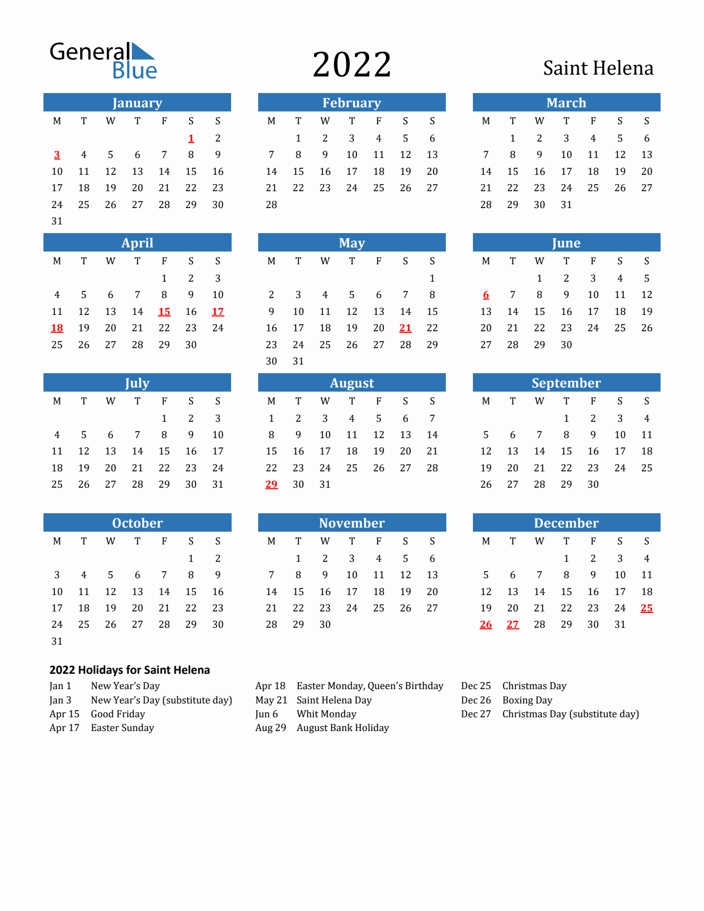 Saint Helena 2022 Calendar with Holidays