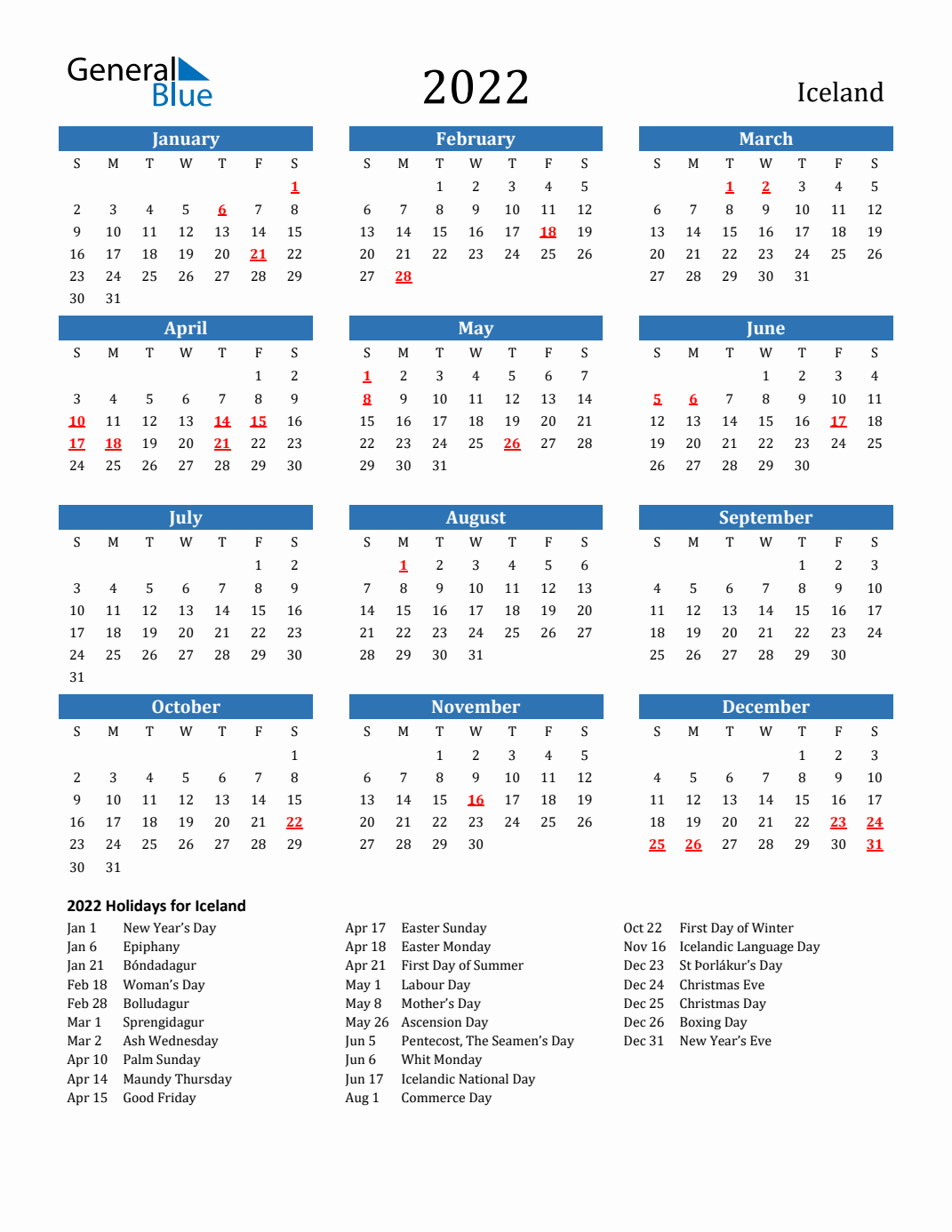 2022 Iceland Calendar with Holidays