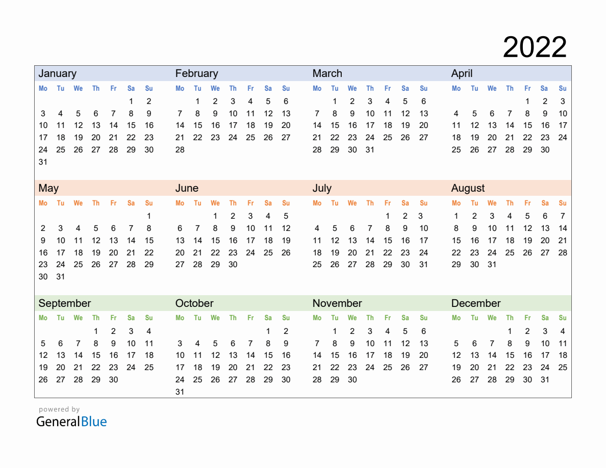 Free Downloadable 2022 Yearly Calendar Template with Monday Start