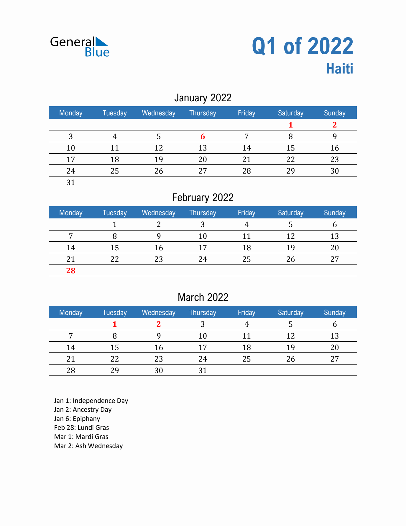 Haiti Q1 2022 Quarterly Calendar with Monday Start