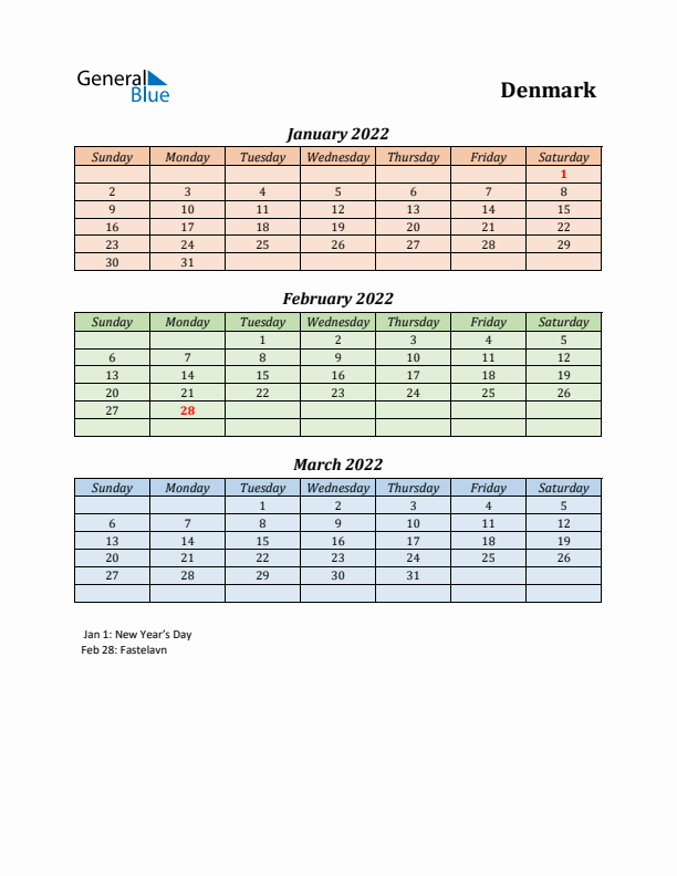Q1 2022 Holiday Calendar - Denmark