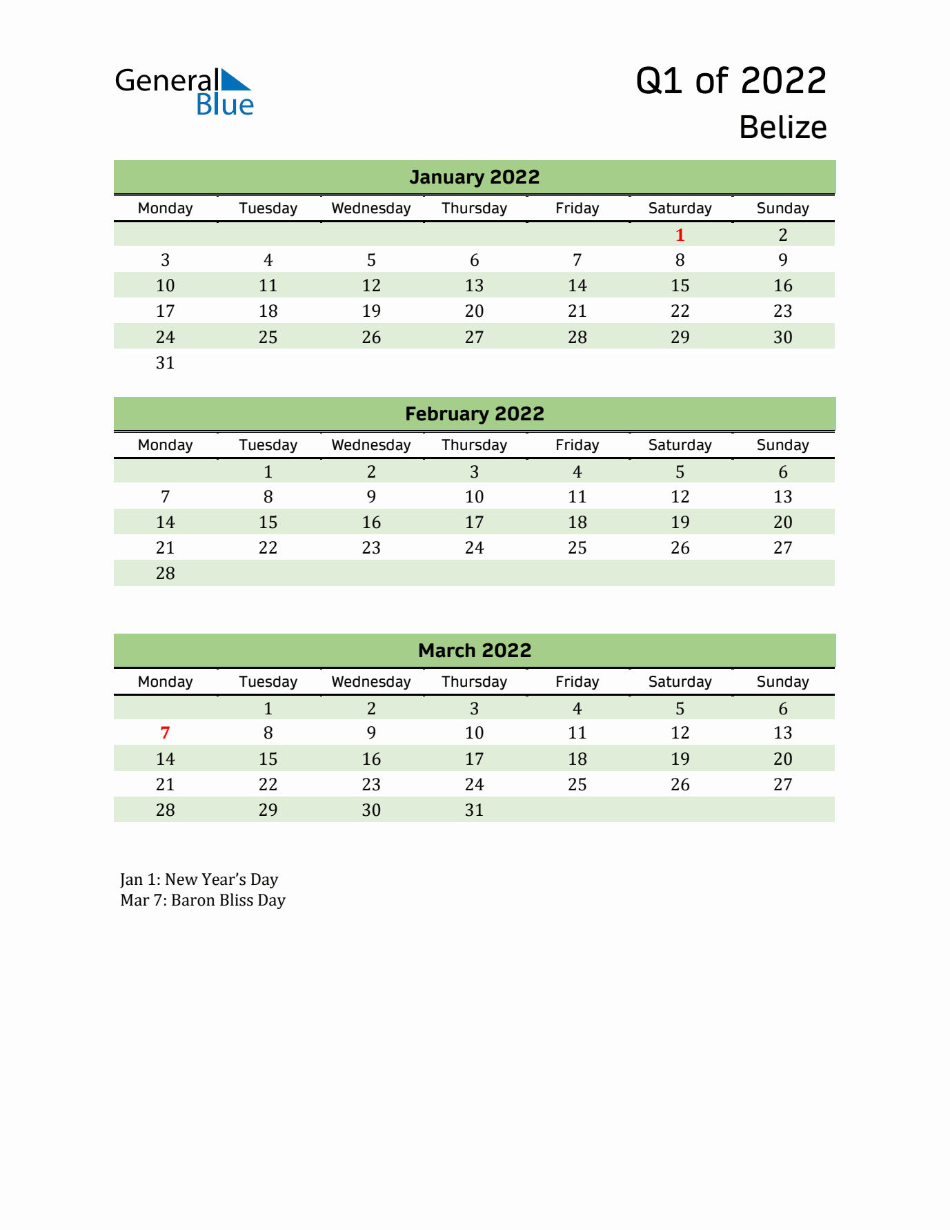 Quarterly Calendar 2022 with Belize Holidays