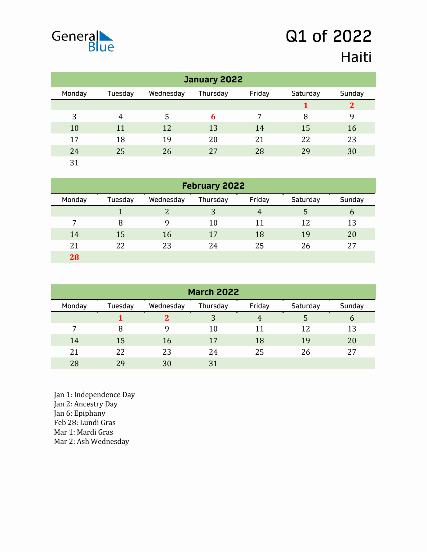 Quarterly Calendar 2022 with Haiti Holidays