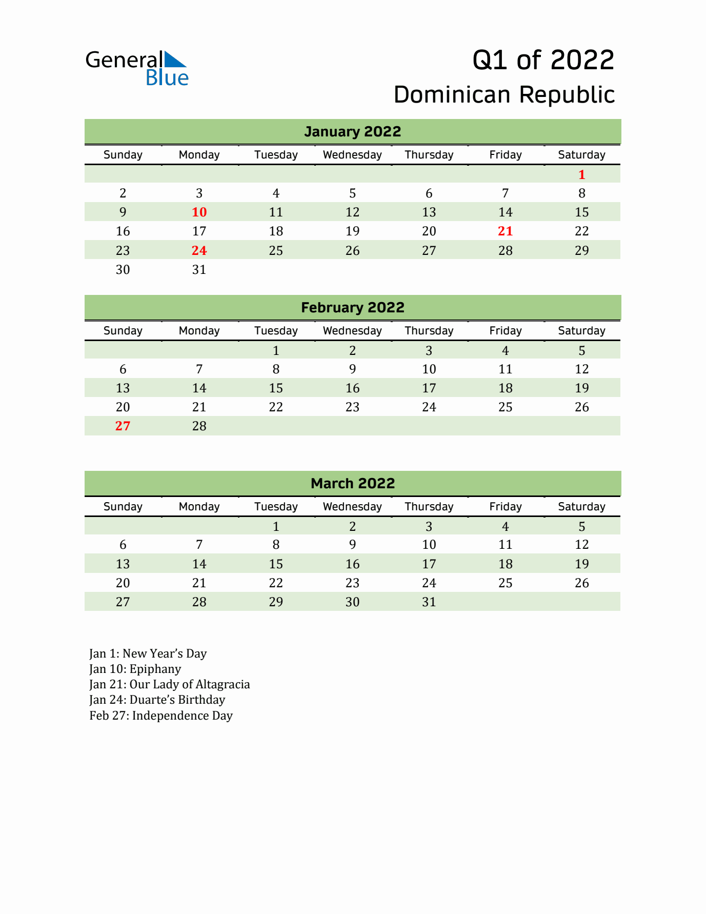 Quarterly Calendar 2022 with Dominican Republic Holidays