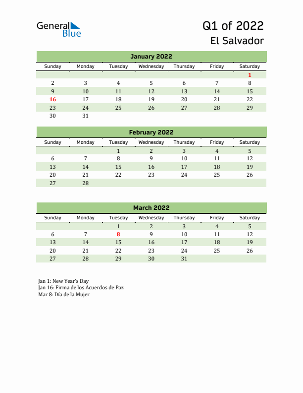 Quarterly Calendar 2022 with El Salvador Holidays