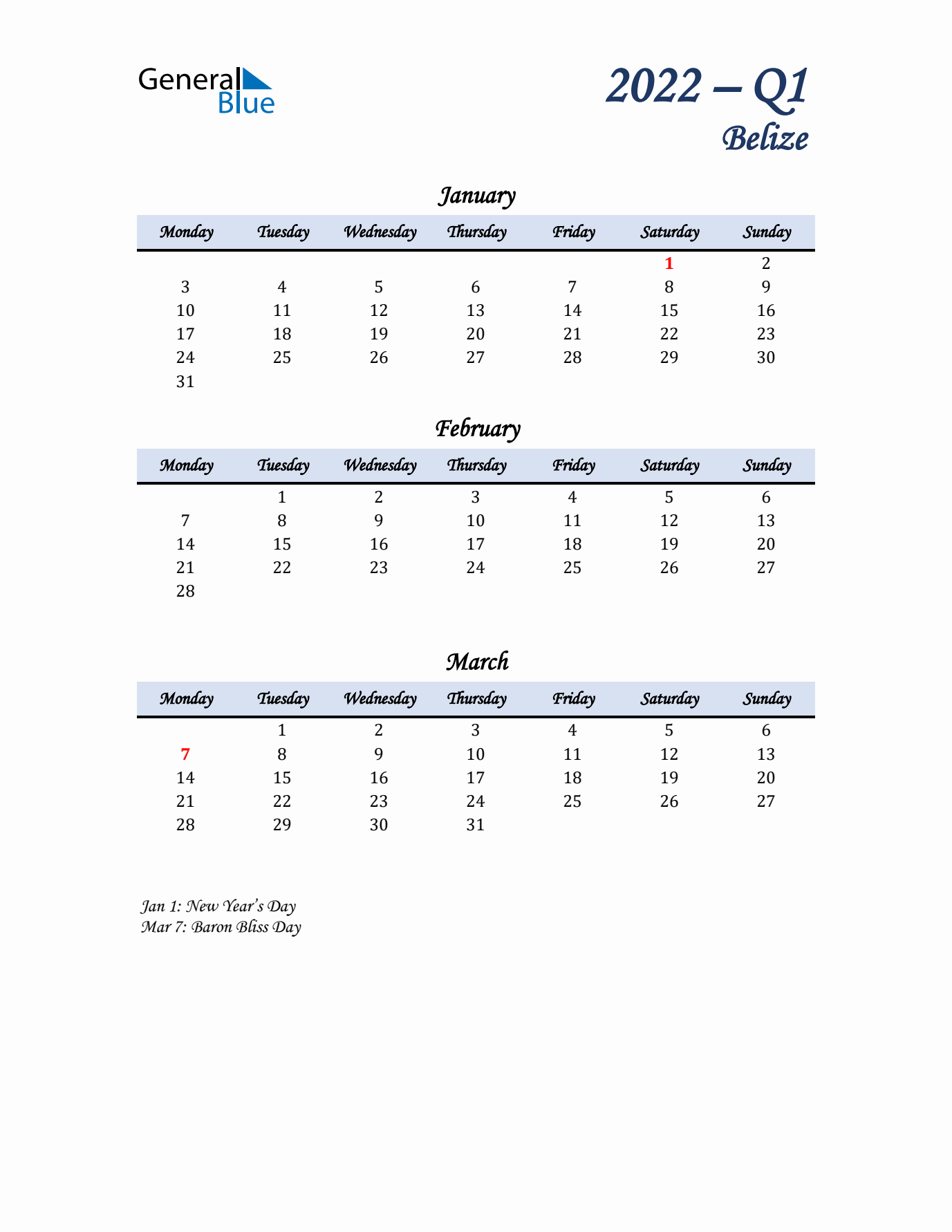 January, February, and March Calendar for Belize with Monday Start