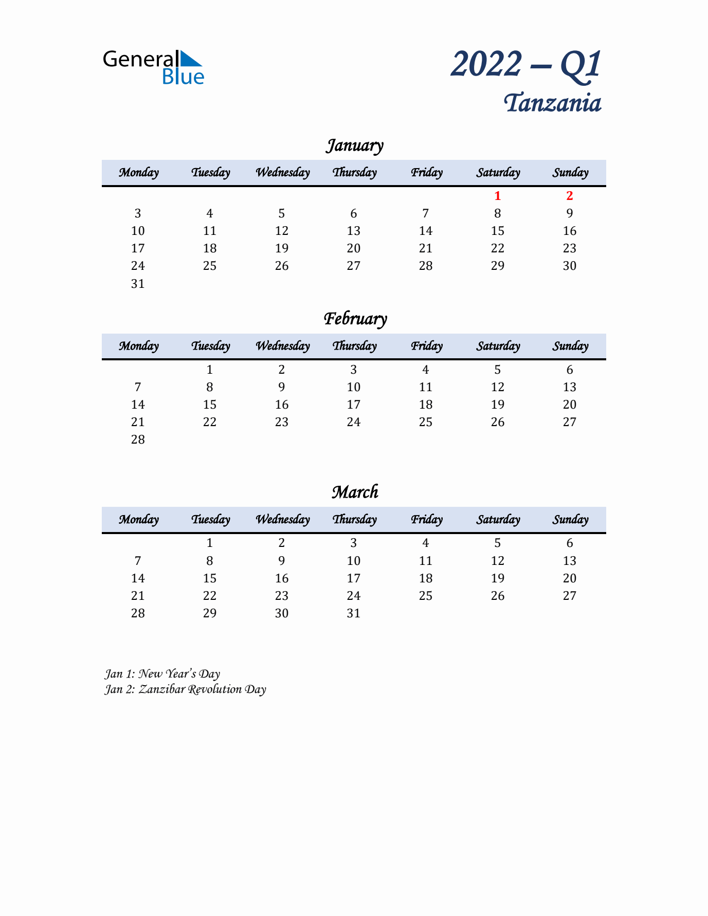 January, February, and March Calendar for Tanzania with Monday Start