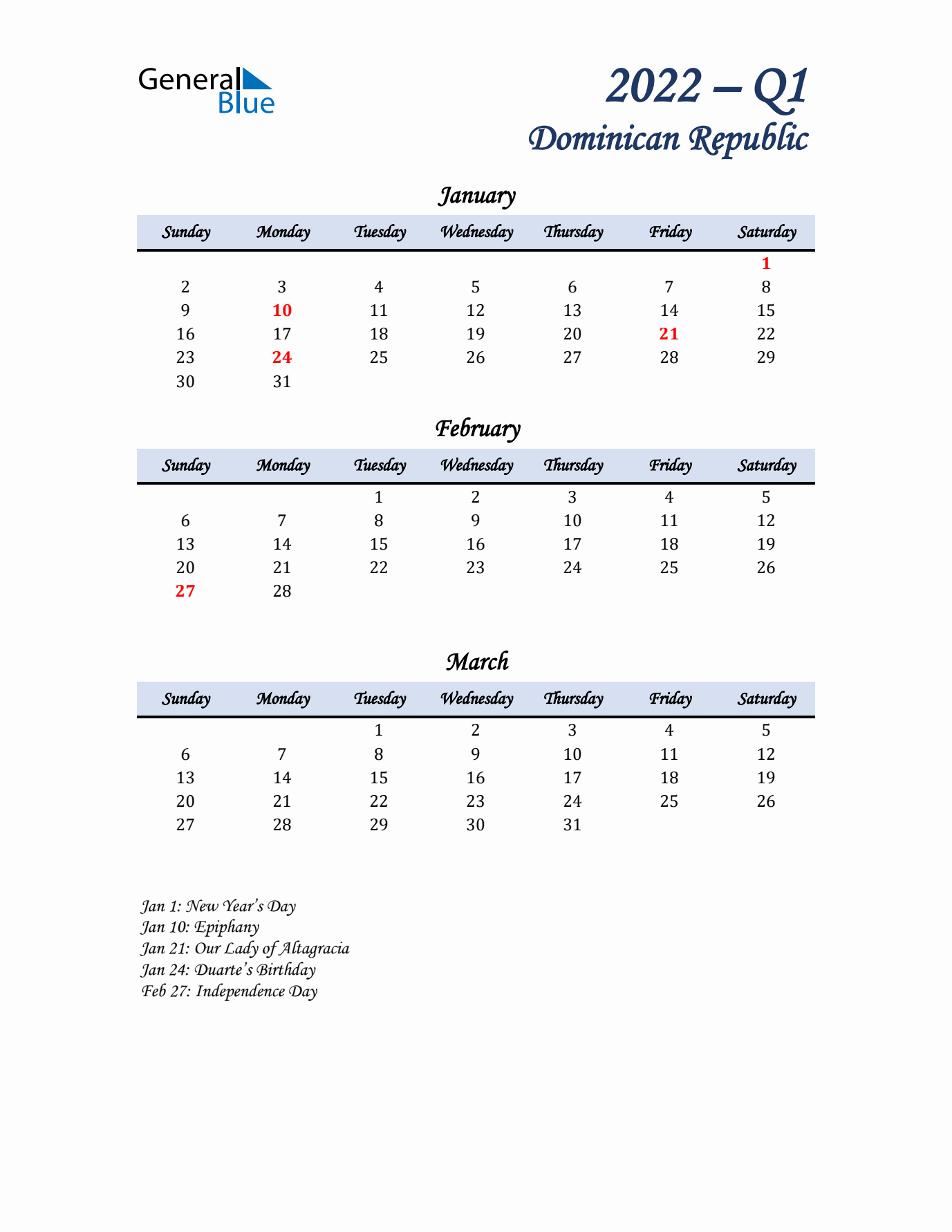 January, February, and March Calendar for Dominican Republic with Sunday Start