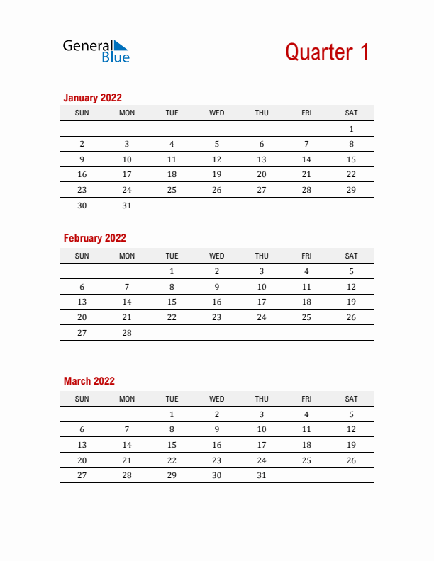 Three-Month Printable Calendar 2022