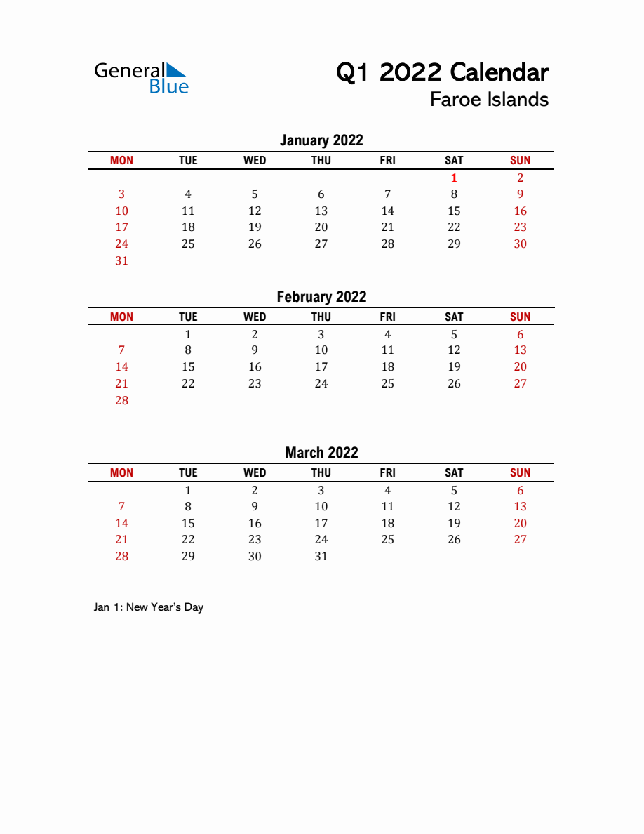 2022 Q1 Calendar with Holidays List for Faroe Islands - Monday Start
