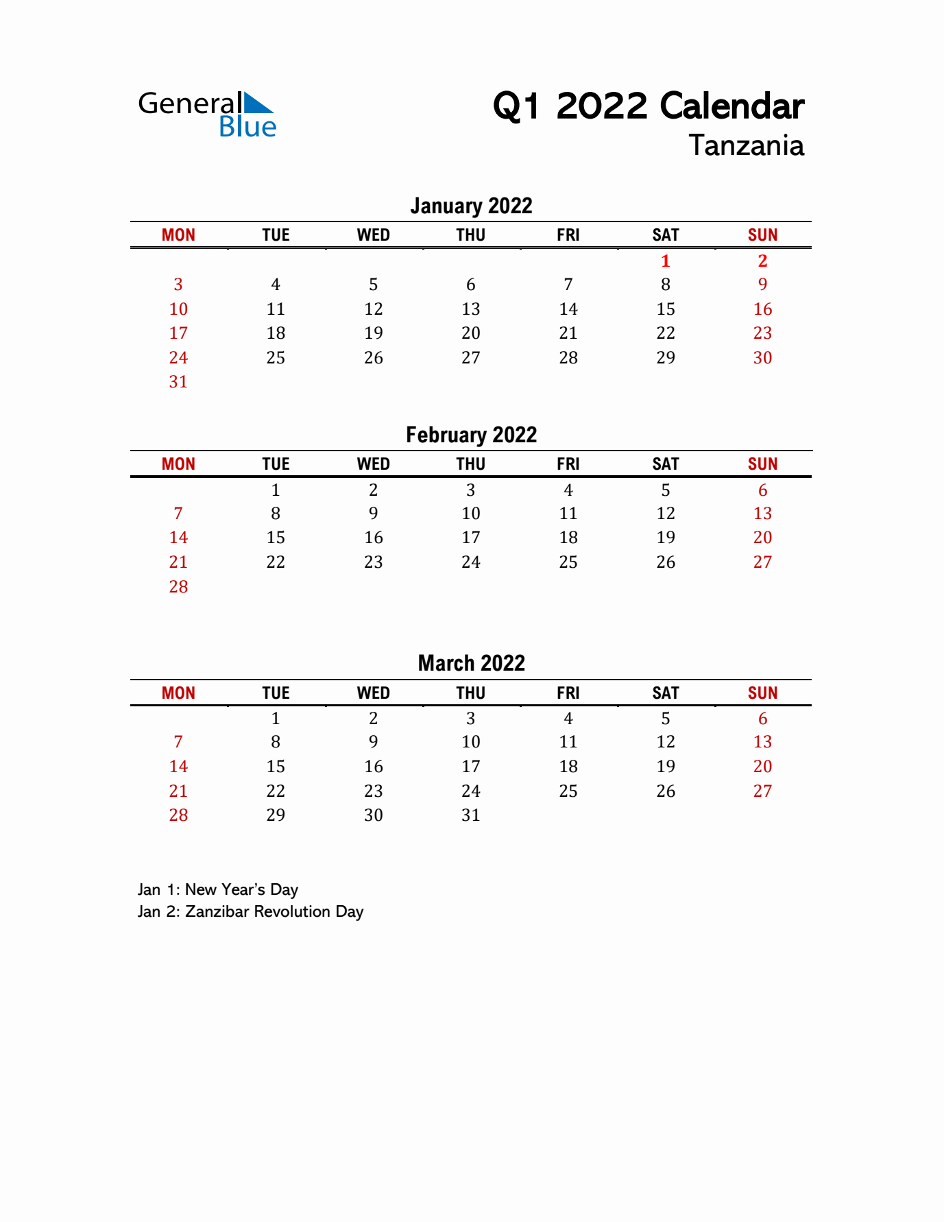 2022 Q1 Calendar with Holidays List for Tanzania