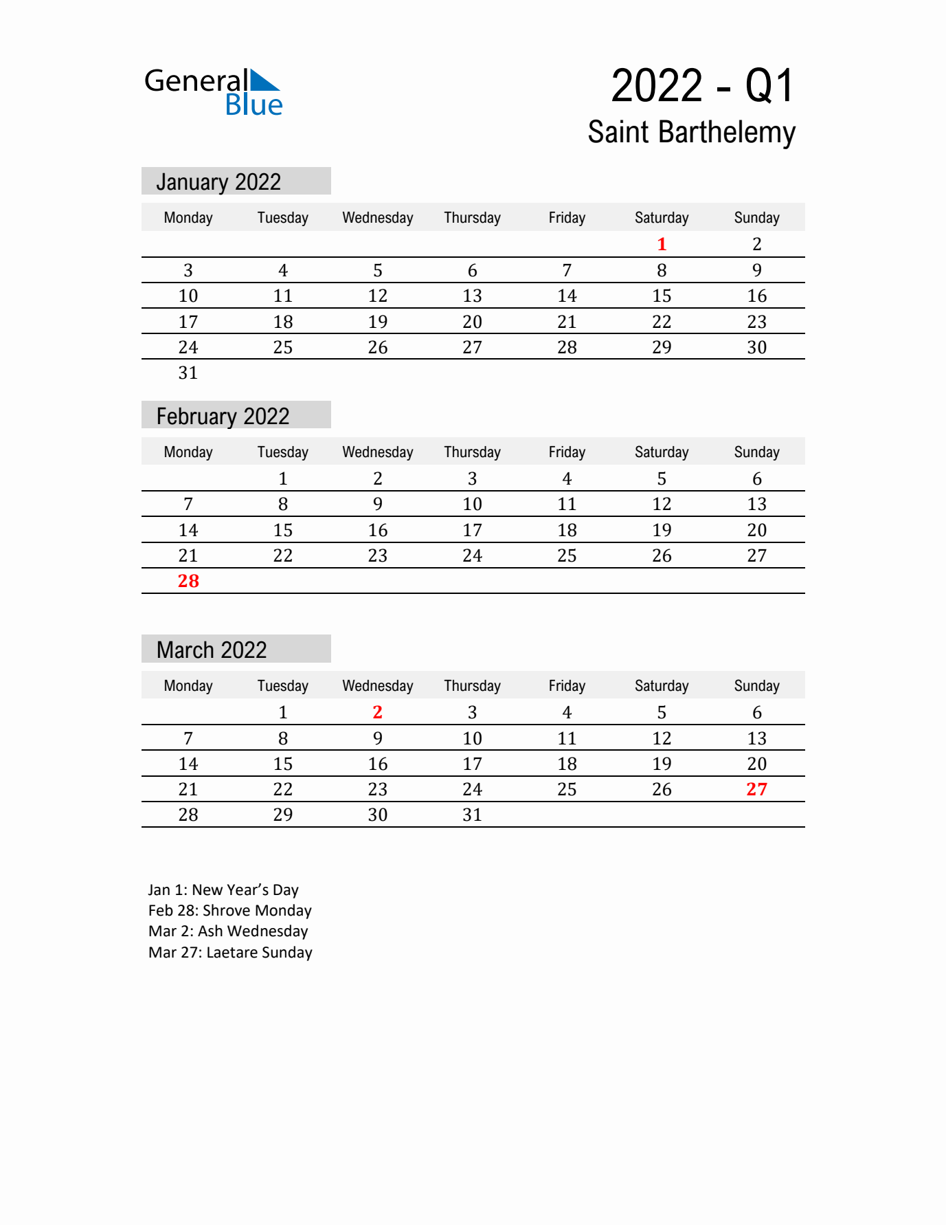 Saint Barthelemy Quarter 1 2022 Calendar with Holidays