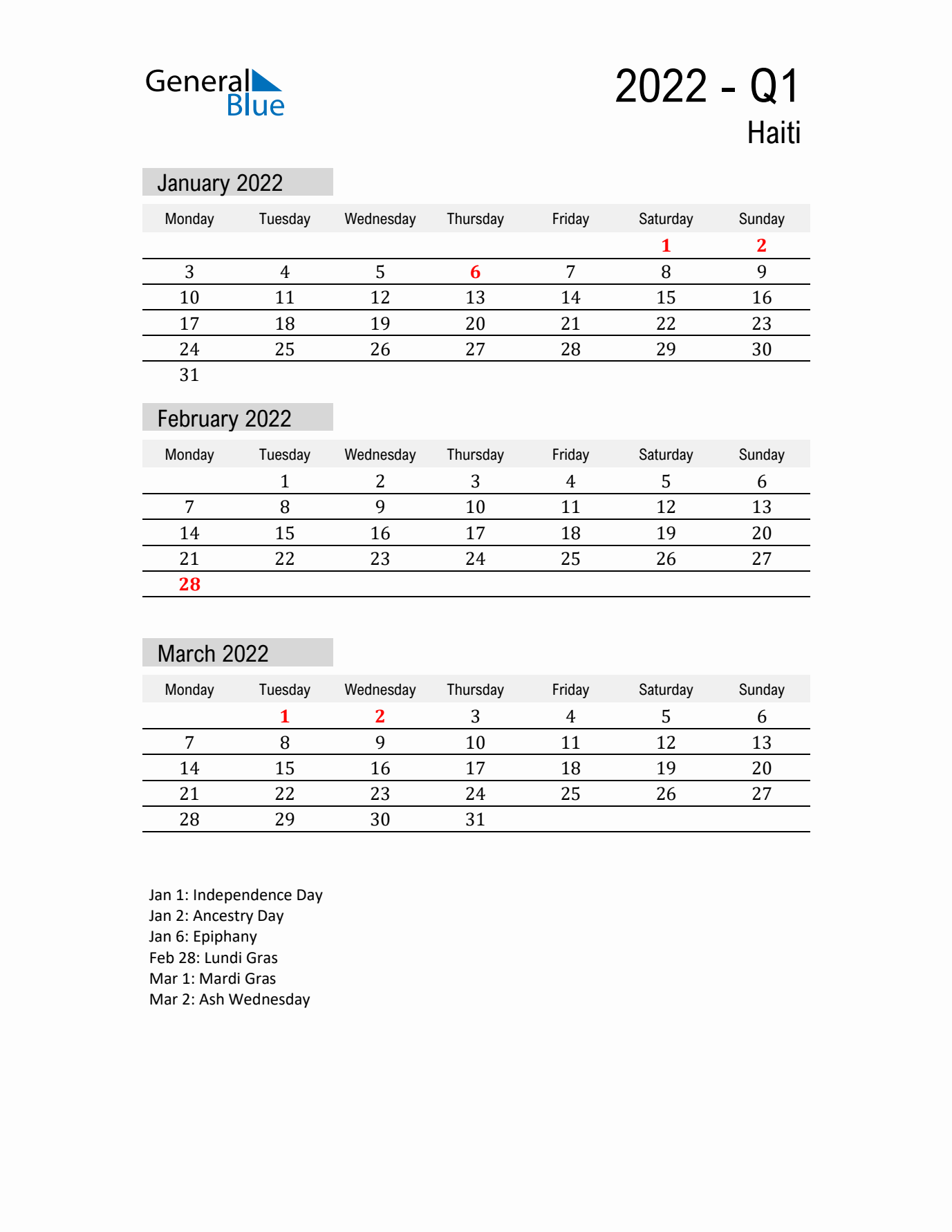 Haiti Quarter 1 2022 Calendar with Holidays