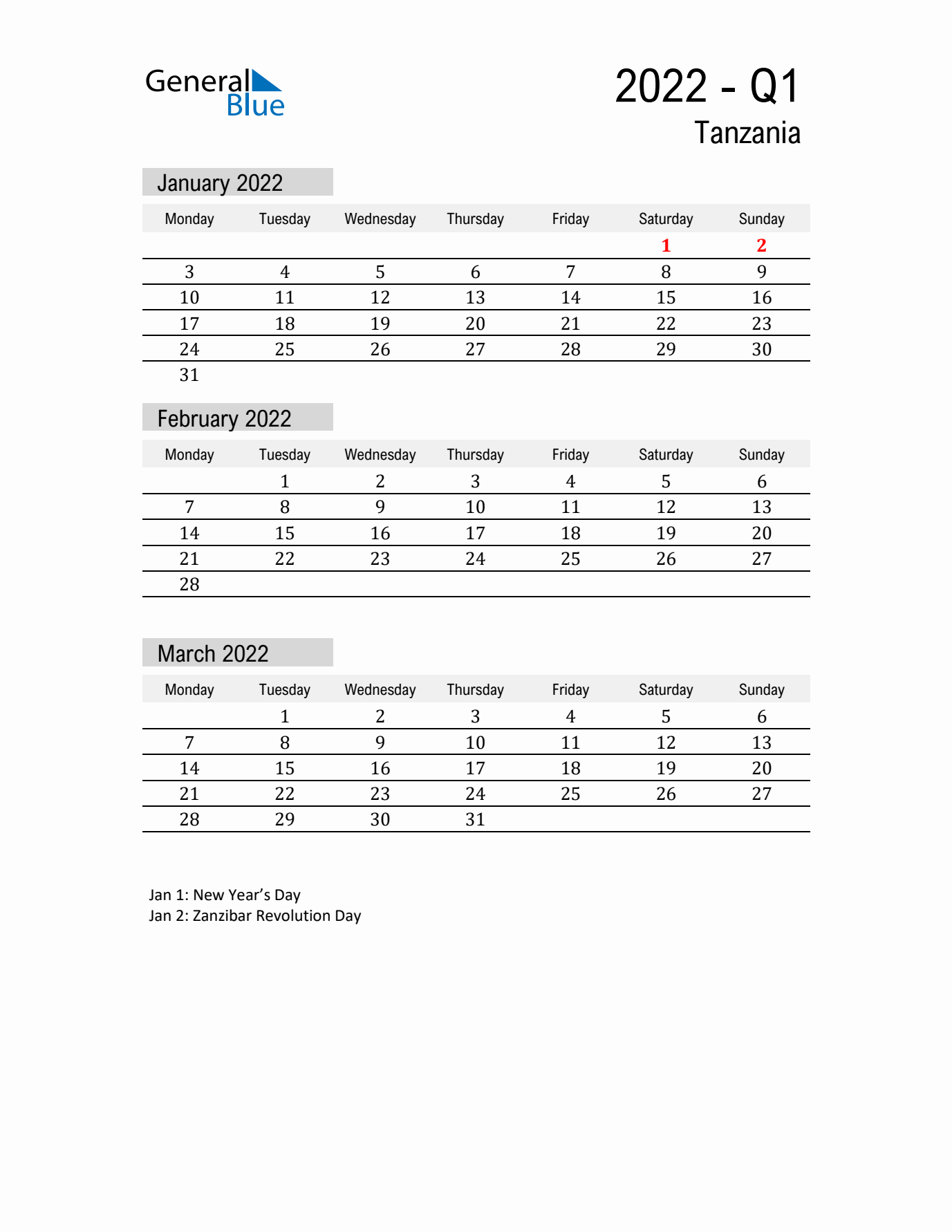 Tanzania Quarter 1 2022 Calendar with Holidays
