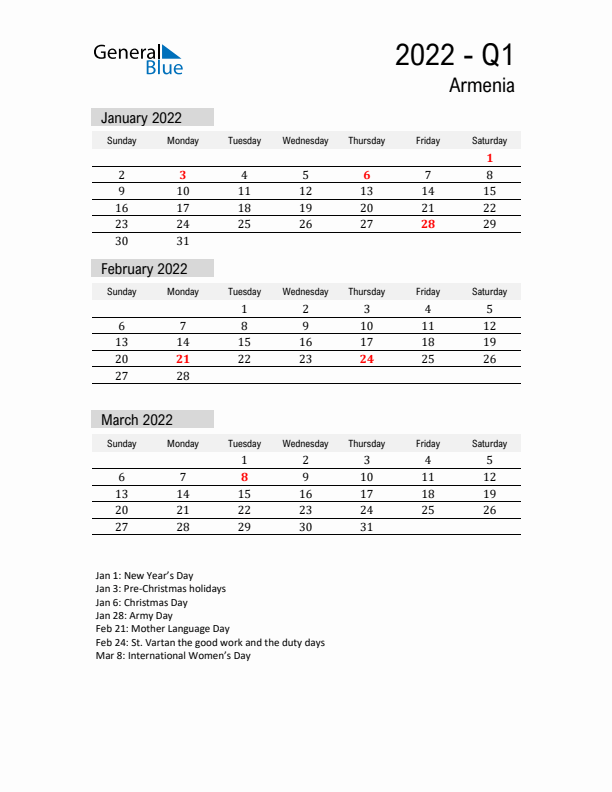 Armenia Quarter 1 2022 Calendar with Holidays