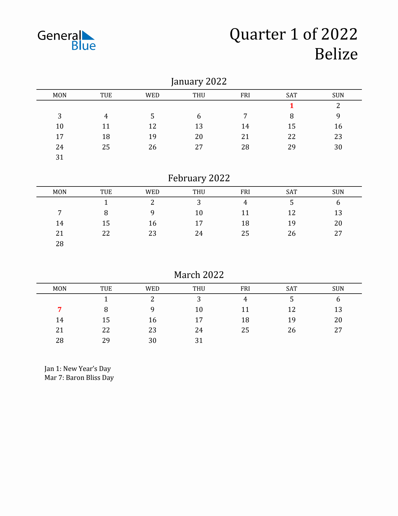 Quarter 1 2022 Belize Quarterly Calendar