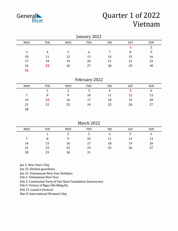 Quarter 1 2022 Vietnam Quarterly Calendar