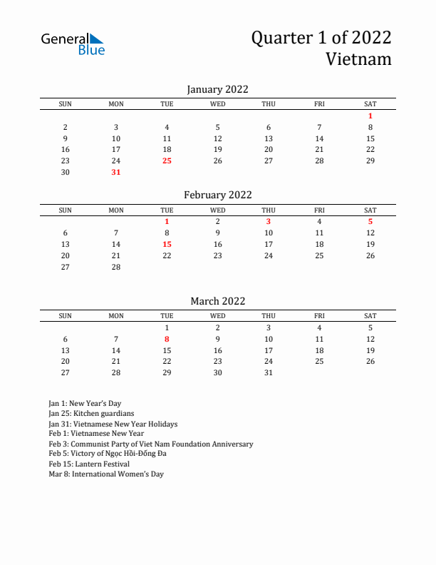 Quarter 1 2022 Vietnam Quarterly Calendar