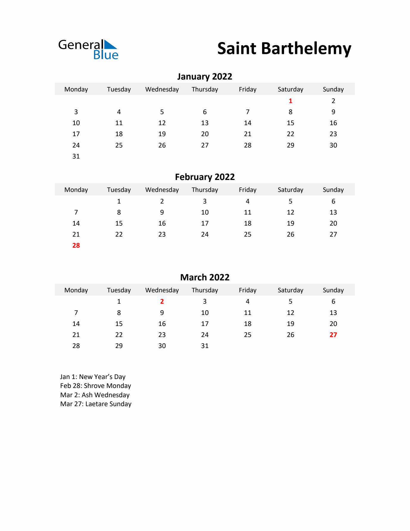 Printable Quarterly Calendar with Notes and Saint Barthelemy Holidays- Q1 of 2022