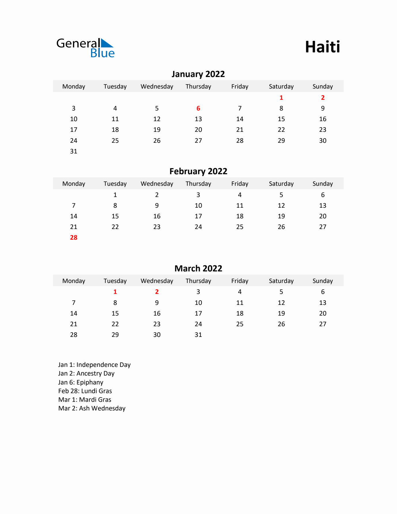 Printable Quarterly Calendar with Notes and Haiti Holidays- Q1 of 2022