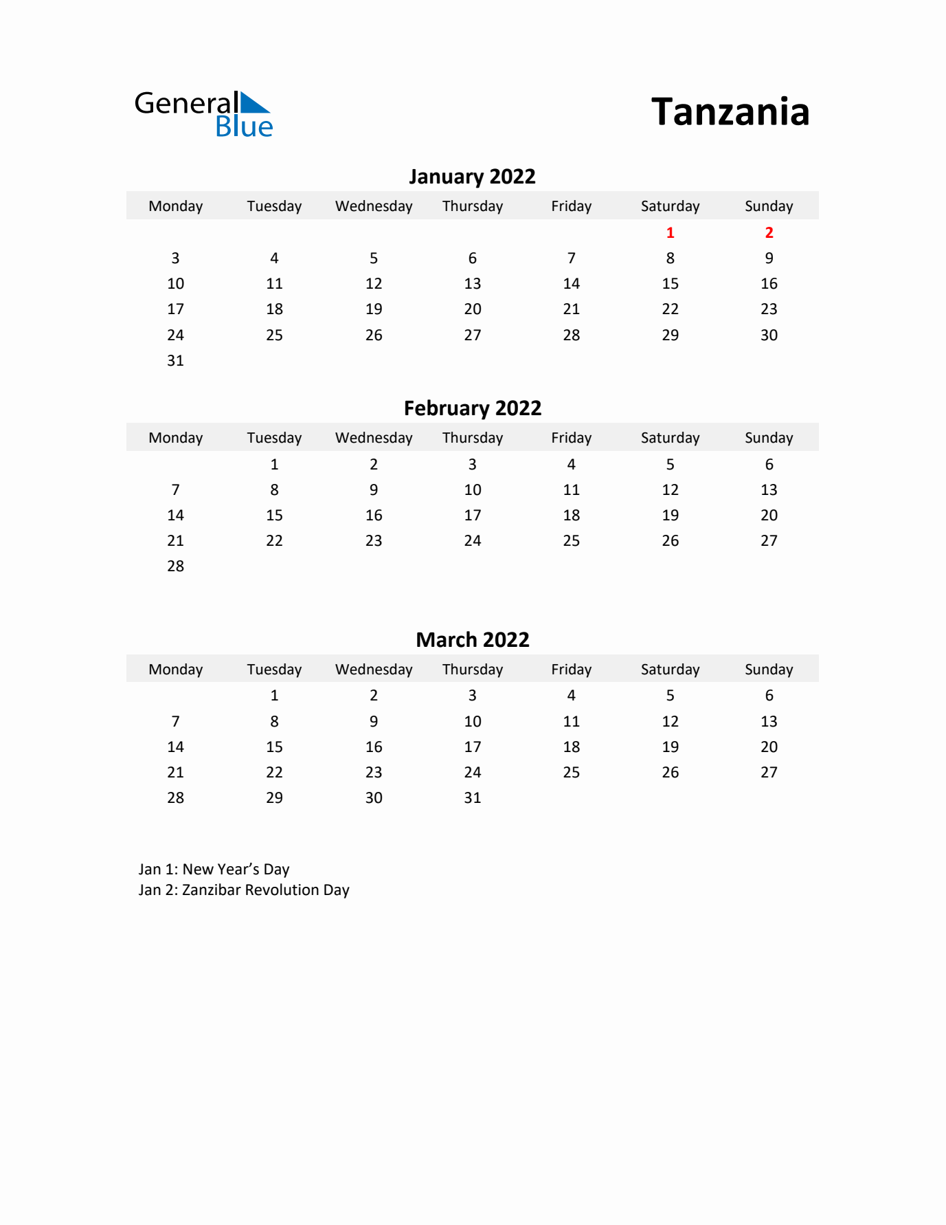 Printable Quarterly Calendar with Notes and Tanzania Holidays- Q1 of 2022