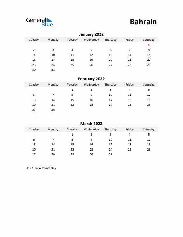 Printable Quarterly Calendar with Notes and Bahrain Holidays- Q1 of 2022