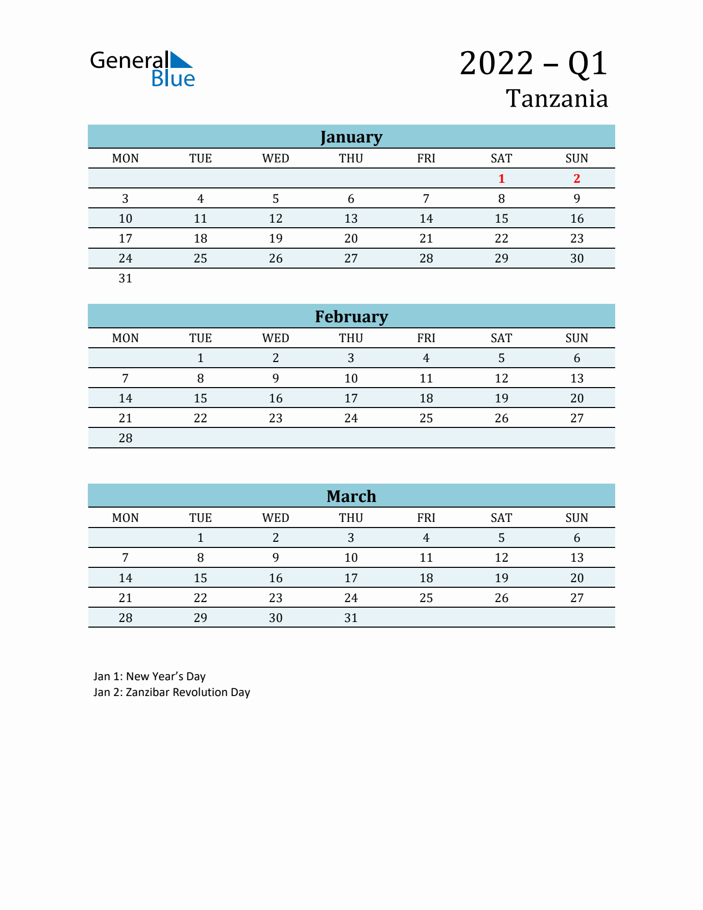 Three-Month Planner for Q1 2022 with Holidays - Tanzania