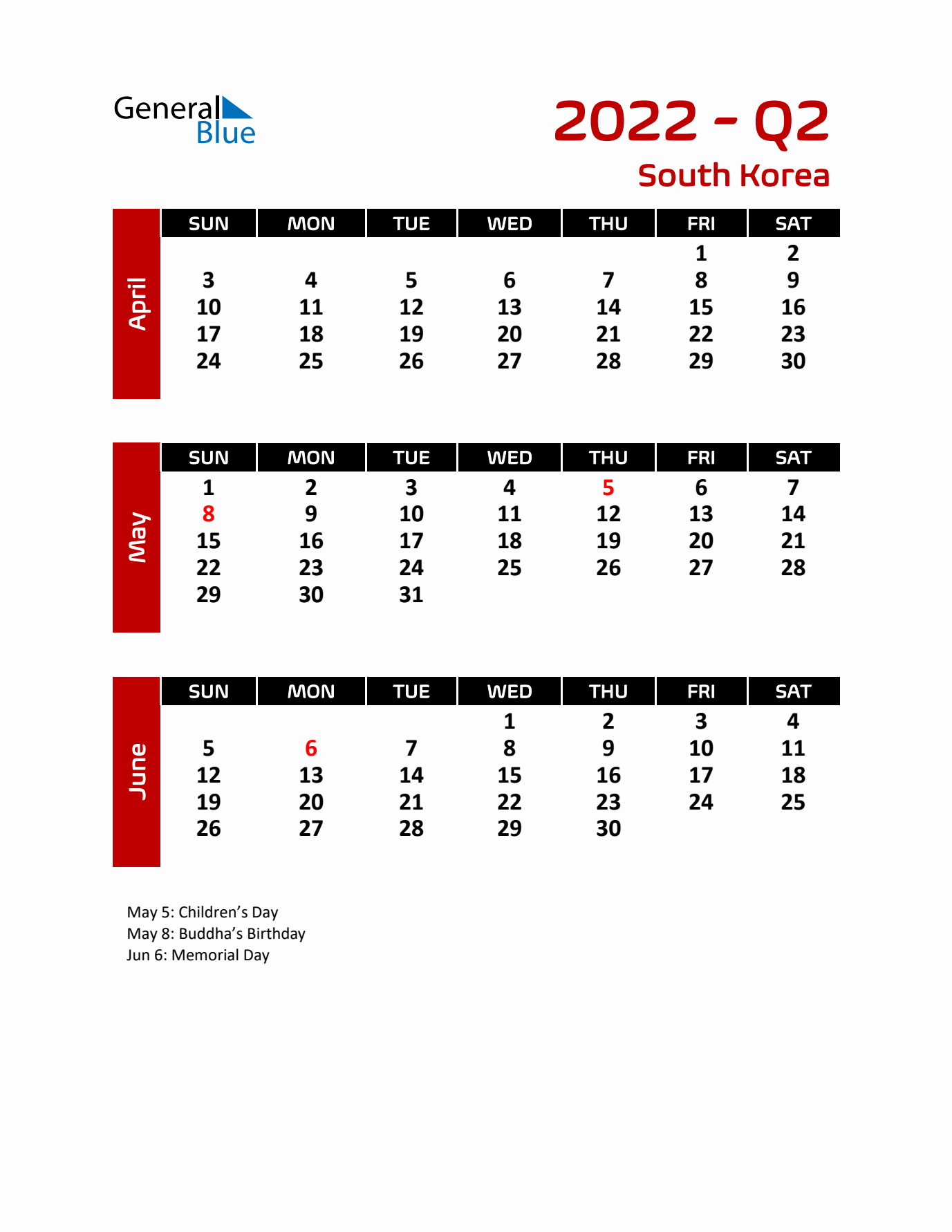 Q2 2022 Calendar with Holidays in South Korea