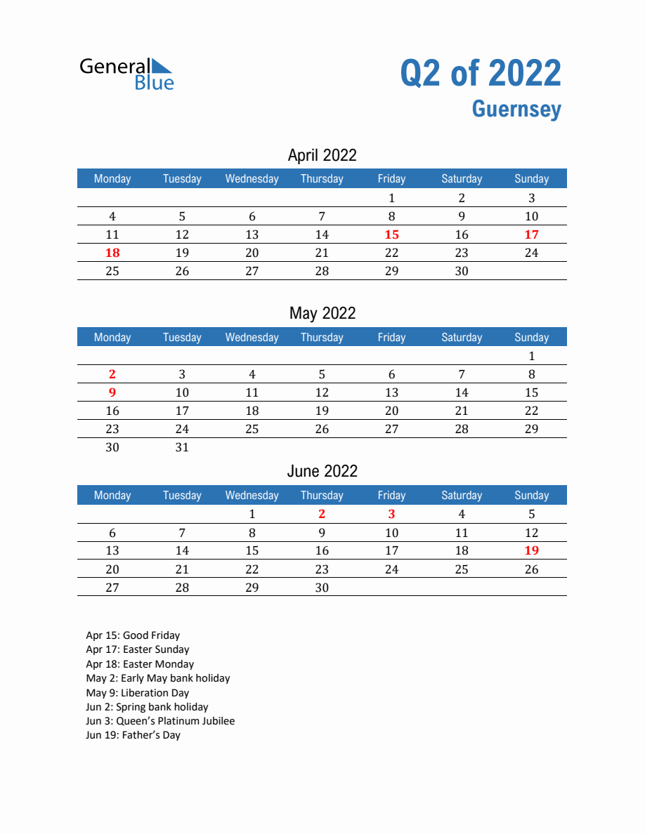 Guernsey 2022 Quarterly Calendar with Monday Start