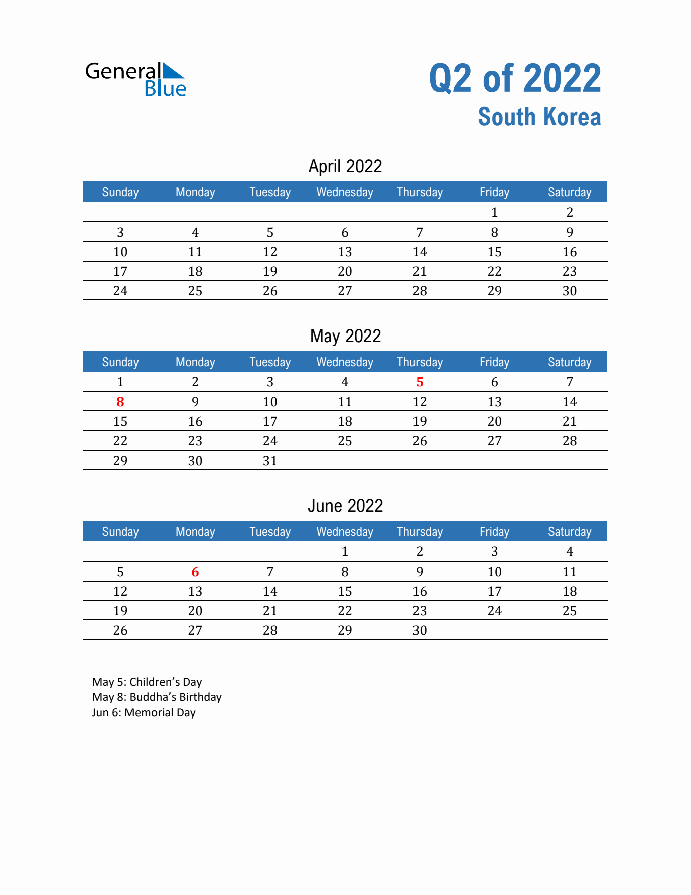South Korea Q2 2022 Quarterly Calendar with Sunday Start