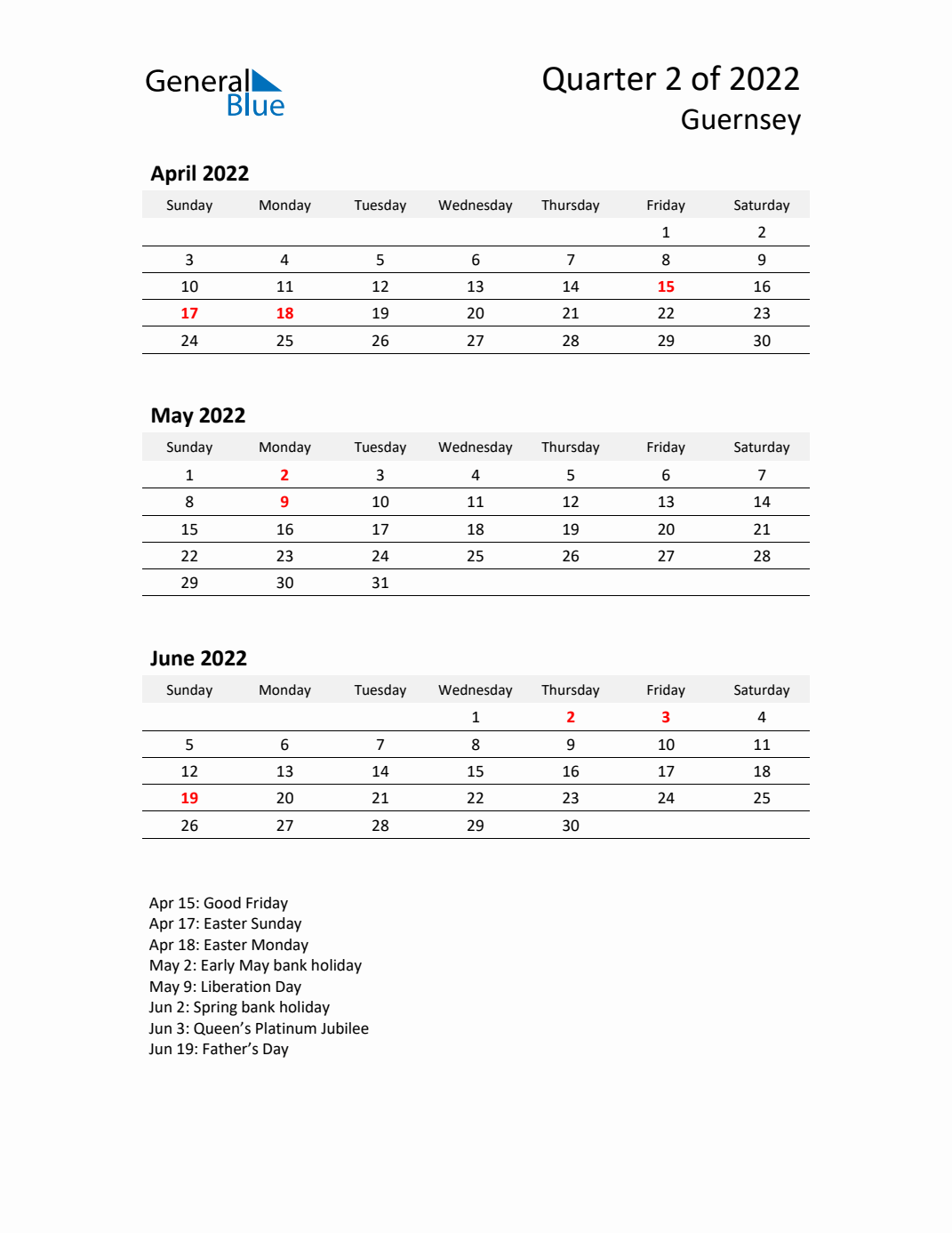 Q2 2022 Quarterly Calendar with Guernsey Holidays (PDF, Excel, Word)