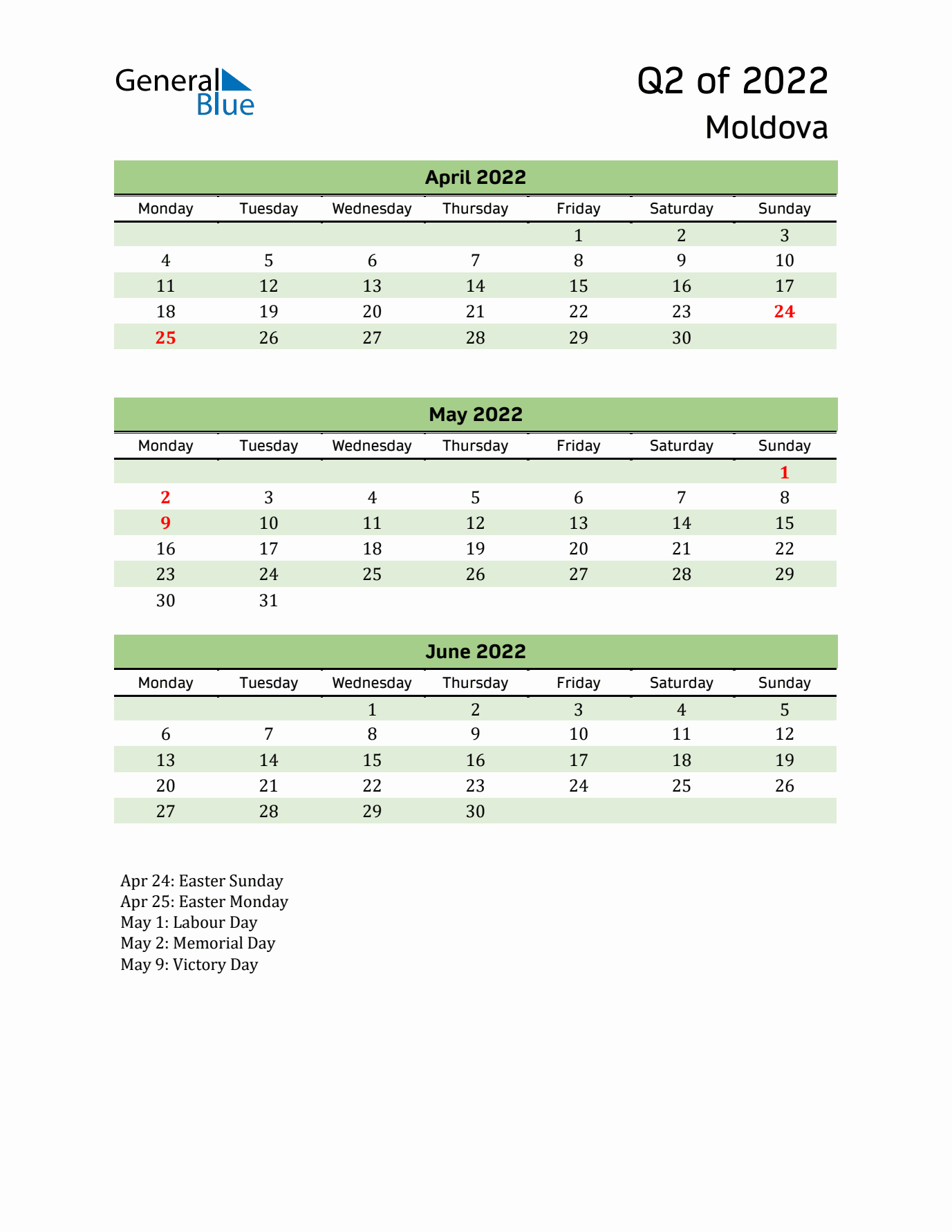 Quarterly Calendar 2022 with Moldova Holidays