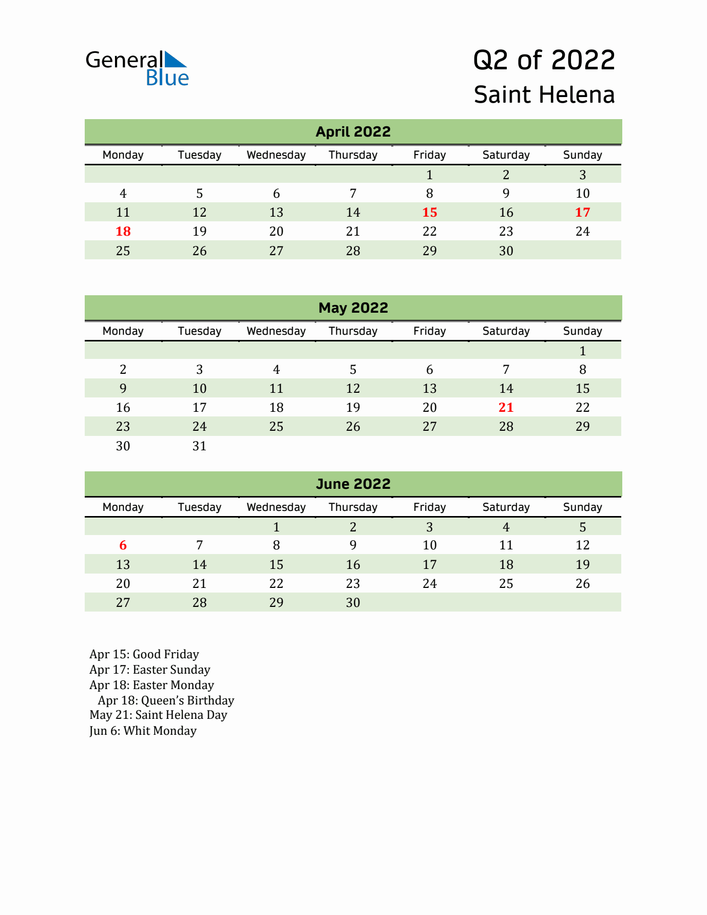 Quarterly Calendar 2022 with Saint Helena Holidays