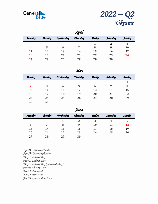 April, May, and June Calendar for Ukraine with Monday Start