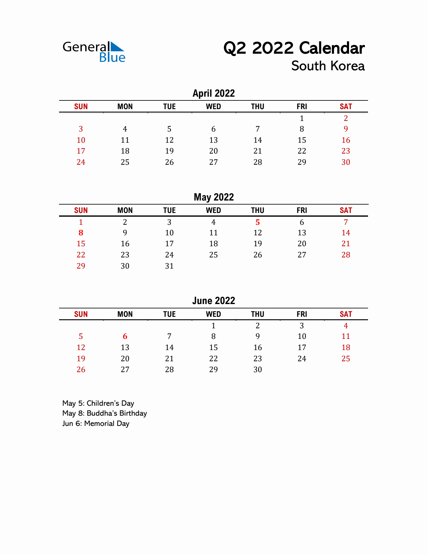 2022 Q2 Calendar with Holidays List for South Korea
