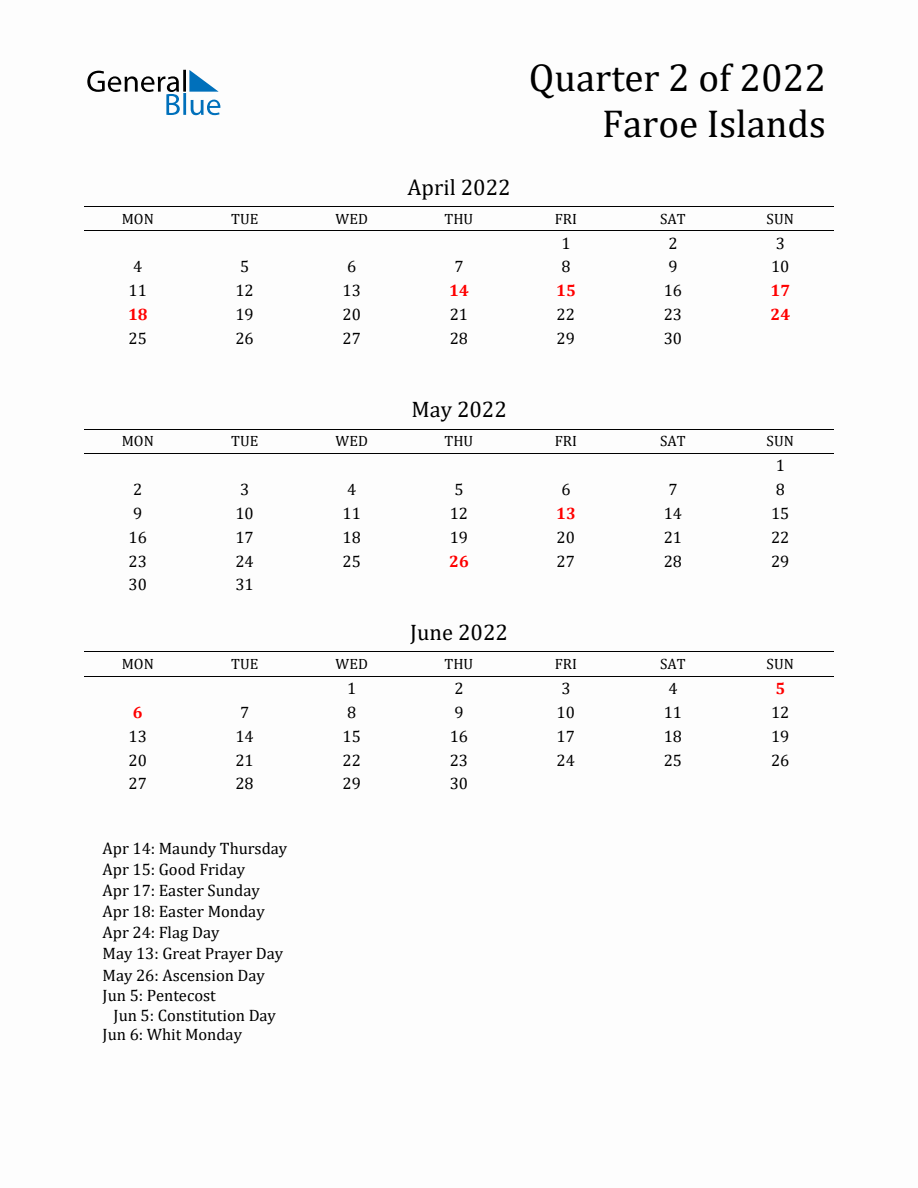 Quarter 2 2022 Faroe Islands Quarterly Calendar