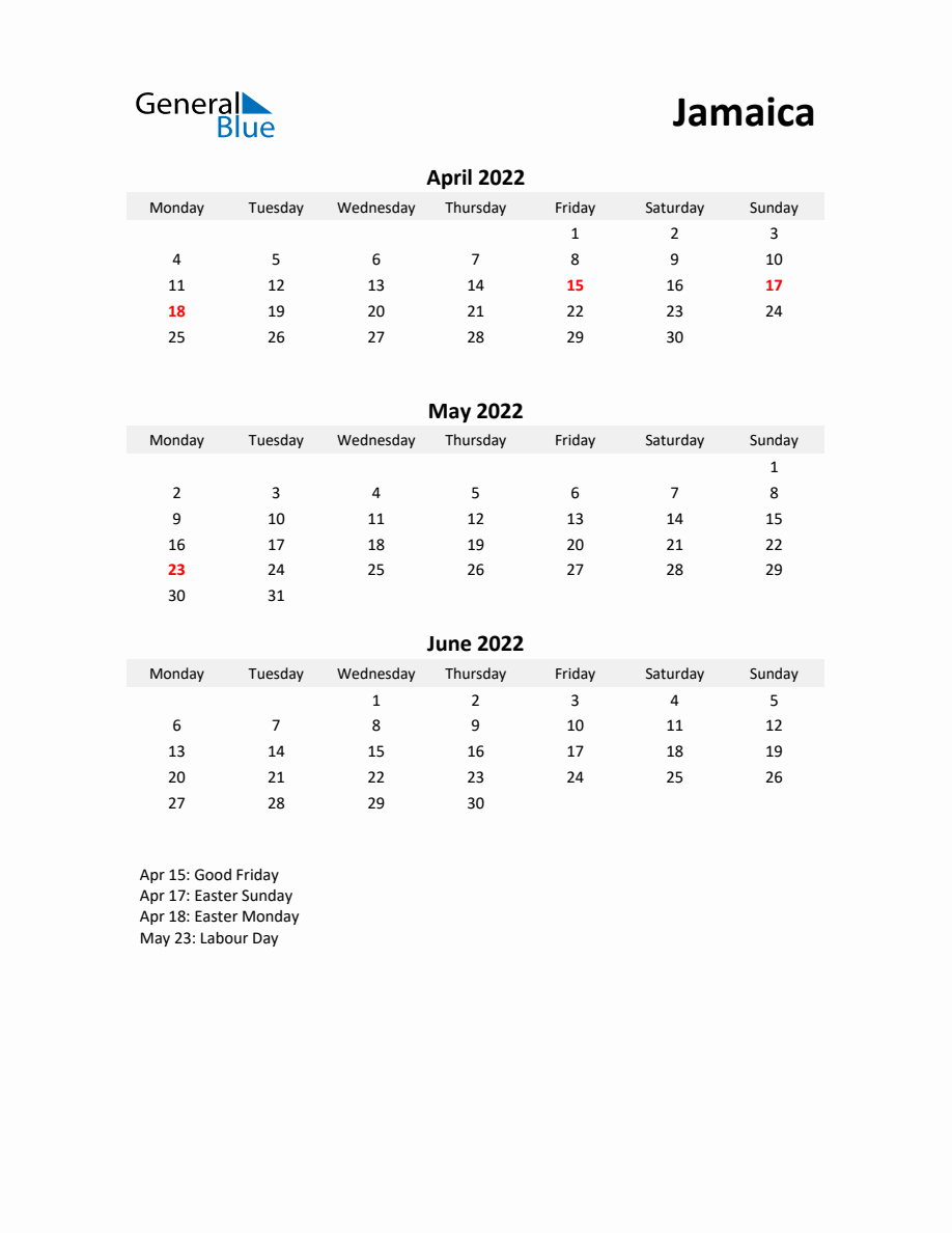 Printable Quarterly Calendar with Notes and Jamaica Holidays (Q2, 2022 ...