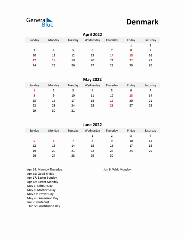 Printable Quarterly Calendar with Notes and Denmark Holidays- Q2 of 2022