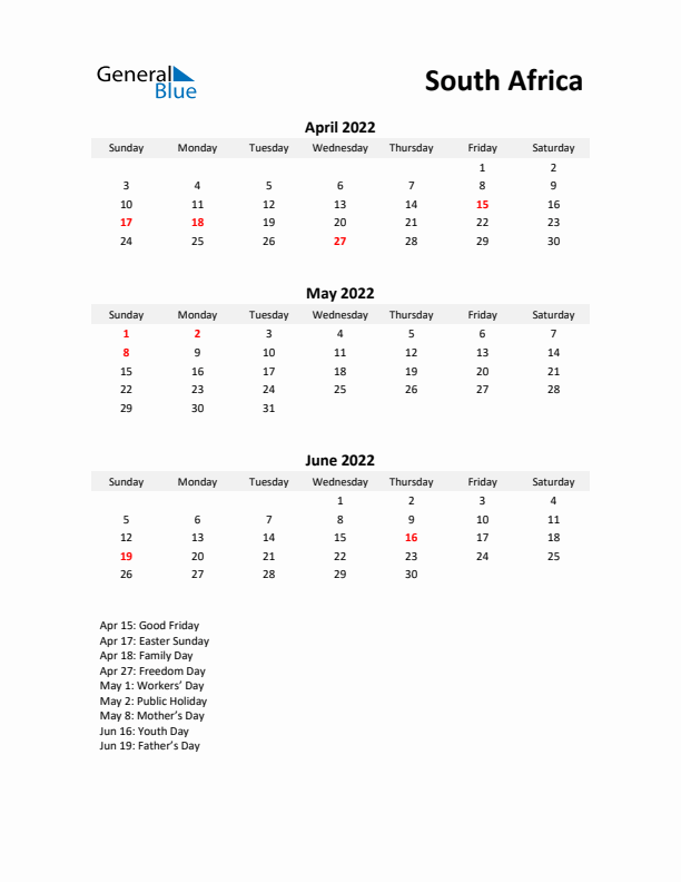 Printable Quarterly Calendar with Notes and South Africa Holidays- Q2 of 2022