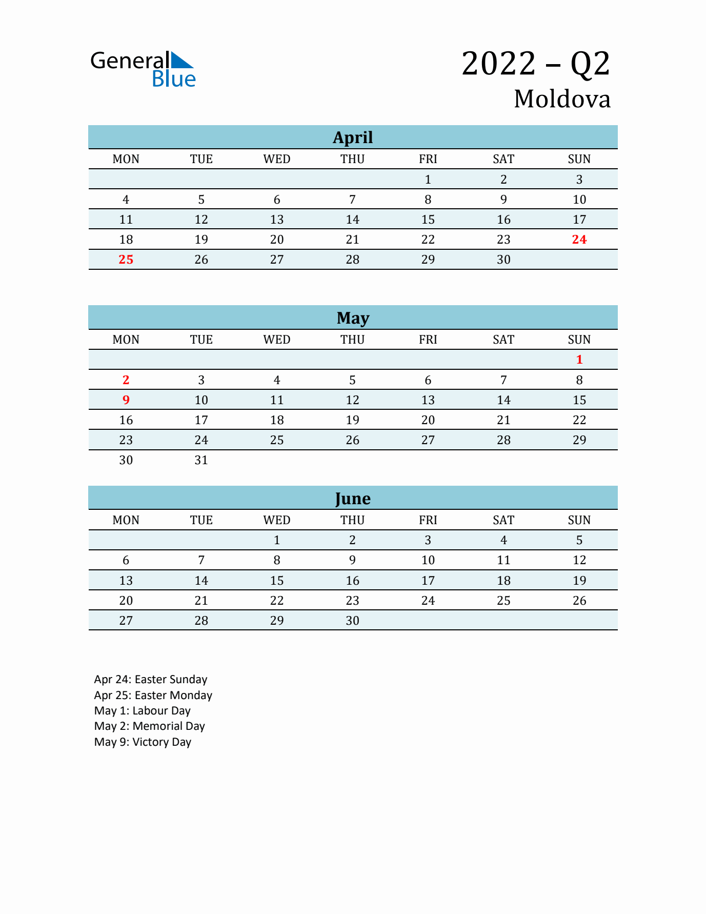 Three-Month Planner for Q2 2022 with Holidays - Moldova
