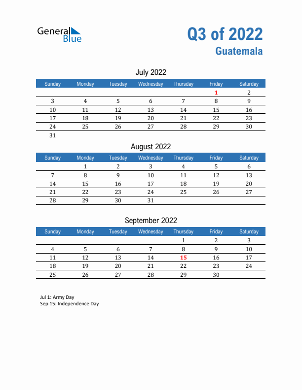 Guatemala Q3 2022 Quarterly Calendar with Sunday Start